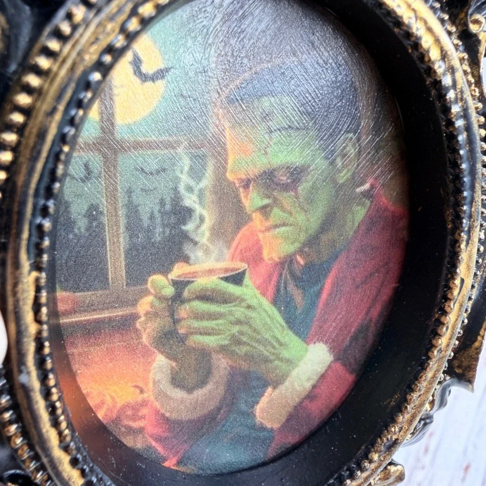 Frankenstein Coffee Ornate Resin Frame Gothic Horror Decoupage Art Print 5in